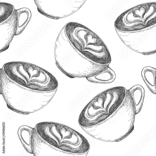 Sketch cup of coffee repeating background, draft illustration, capuccino silhouette drawing, seamless pattern. Delicious vintage etching food design.