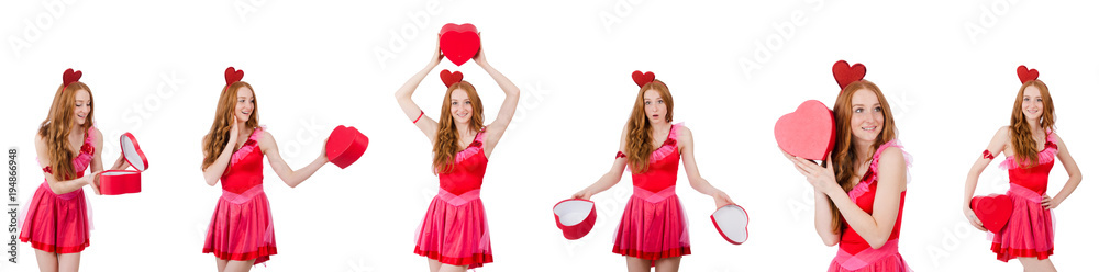 Pretty young model in mini pink dress holding gift box isolated 