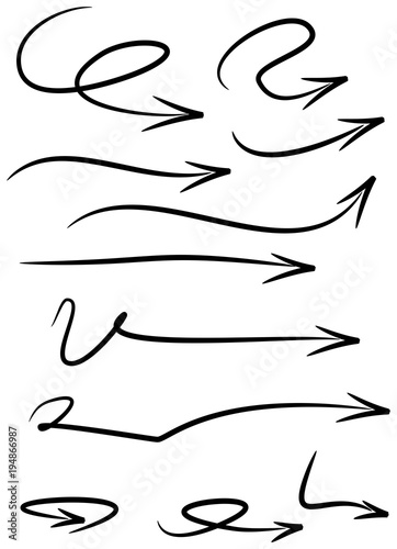 Set of curved, hand drawn marker scribble direction arrows