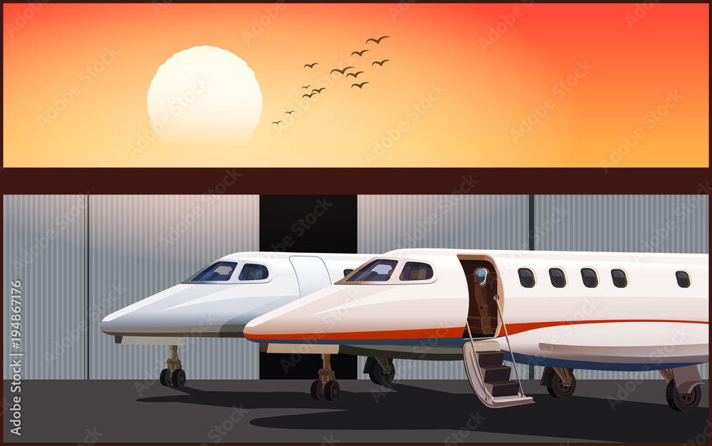 Luxury business jets at sunset