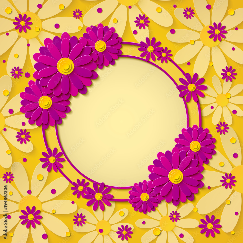 Beautiful bright round frame with 3d pink and purple paper cut out flowers on yellow background. Paper art design. Vector illustration Beautiful bright round frame with 3d pink and purple paper cut out flowers on yellow background. Paper art design. Vector illustration