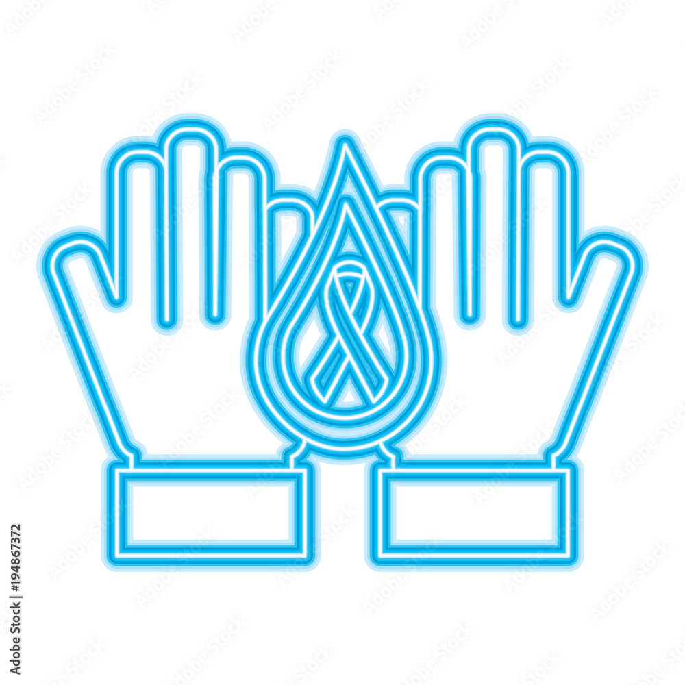 hands with drop blood and ribbon hemophilia care vector illustration neon blue design hands with drop blood and ribbon hemophilia care vector illustration neon blue design
