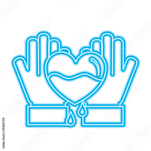 hands holding blood heart support hemophilia awareness vector illustration neon blue design