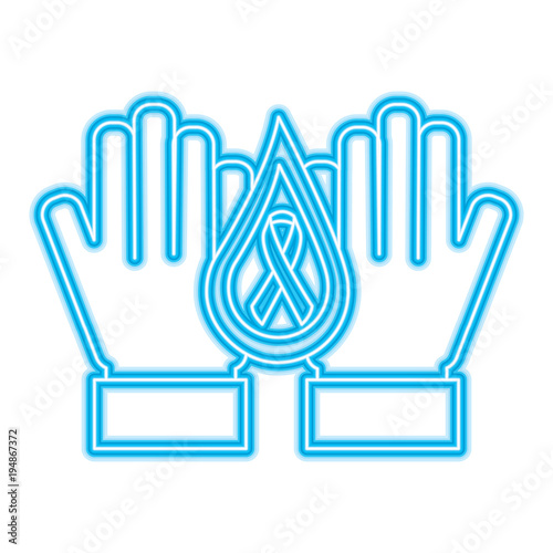 hands with drop blood and ribbon hemophilia care vector illustration neon blue design