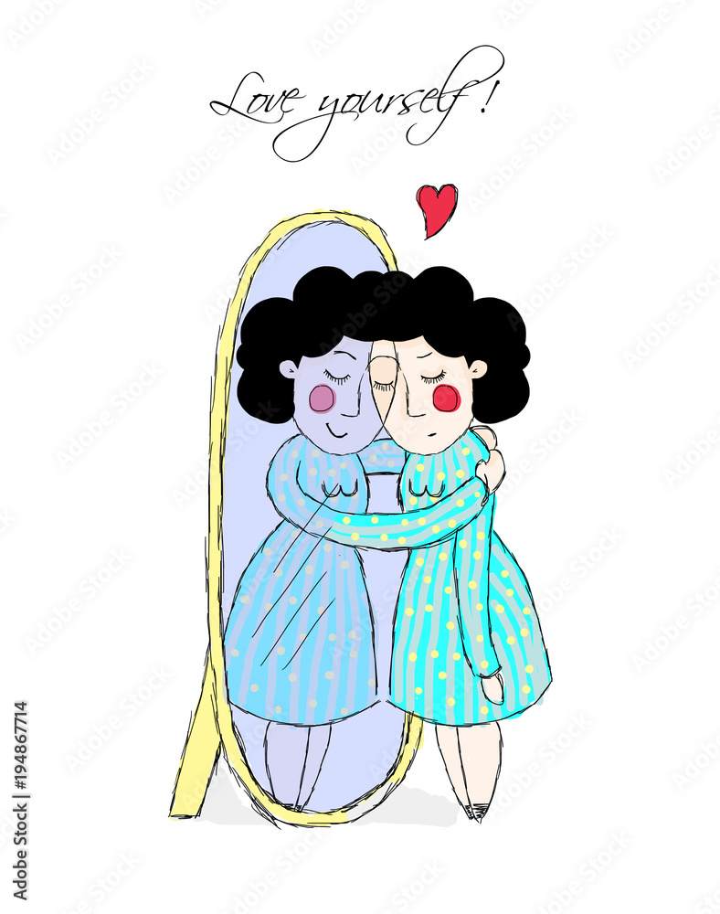 self-acceptance, love yourself. woman in the mirror
