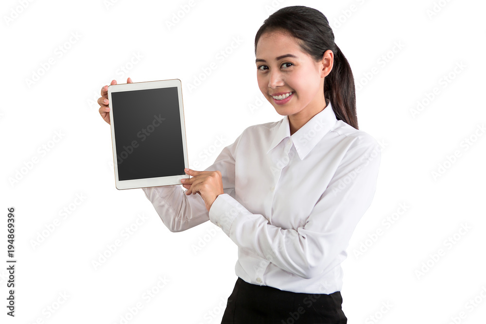 Smiling beautiful Asian business woman showing blank tablet pc screen Smiling beautiful Asian business woman showing blank tablet pc screen