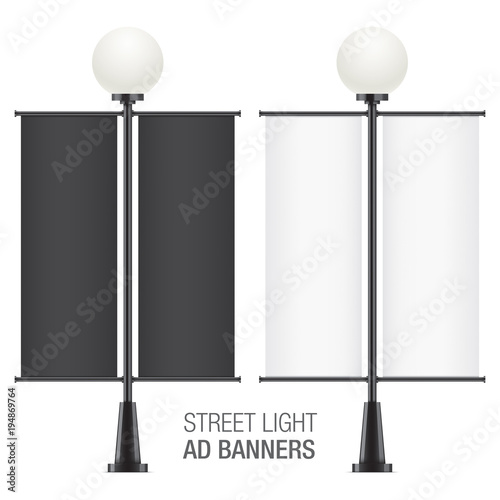 Set of oval vector lamposts, with black and white advertising flags, isolated on a white backgorund. Vertical promotional double sided flags realistic mockups.