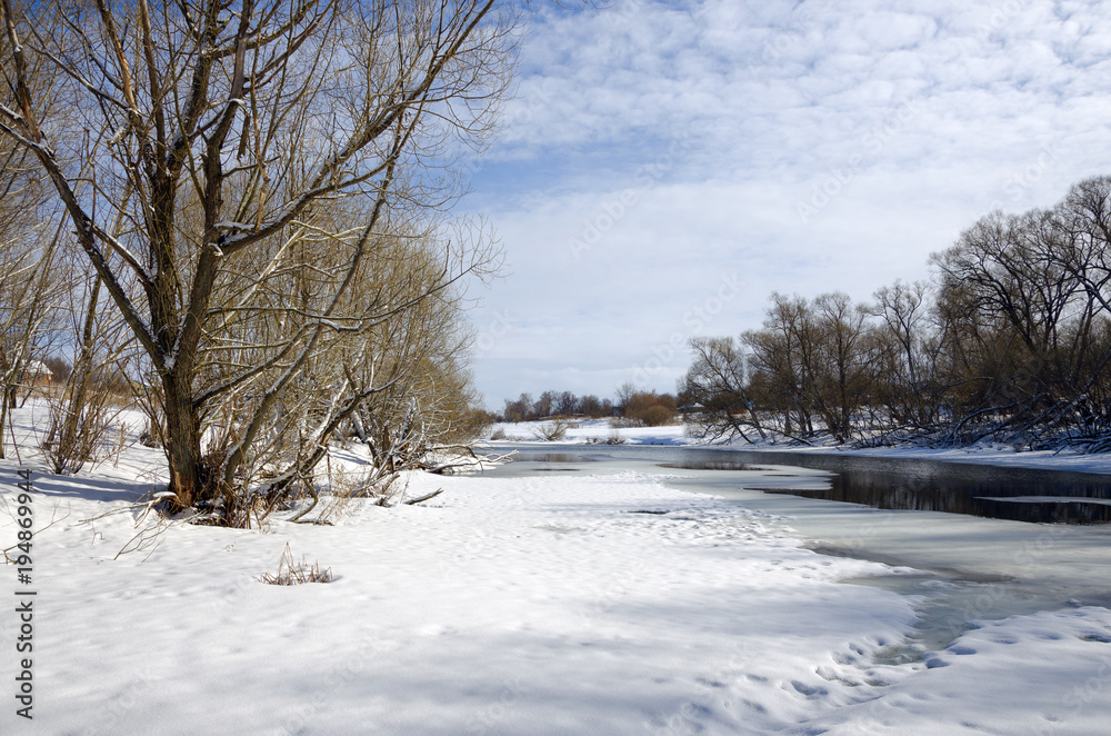 Springtime.Sunny landscape with trees growing on the bank of river.Melting snow and ice.White clouds in spring blue sky.River Upa in Tula region,Russia. Springtime.Sunny landscape with trees growing on the bank of river.Melting snow and ice.White clouds in spring blue sky.River Upa in Tula region,Russia.