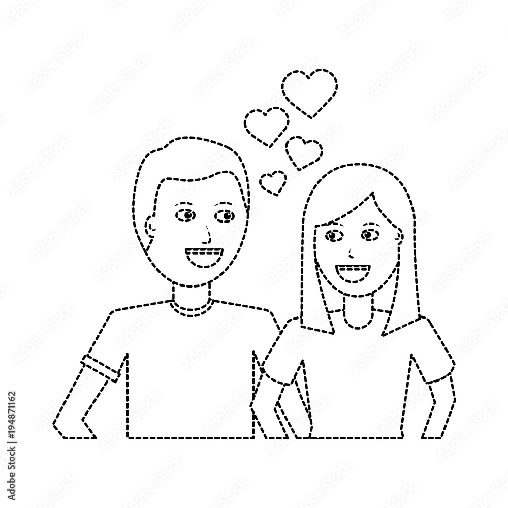 happy couple embraced together relationship hearts love vector illustration dotted line design