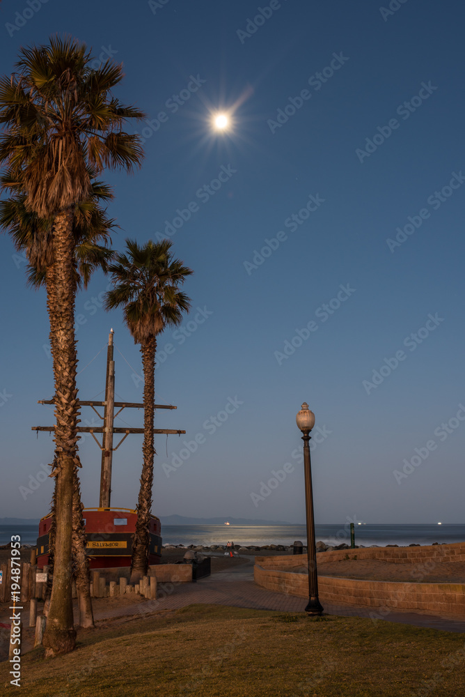 Moonlit morning illuminates palm trees and ship masts on California beach. Moonlit morning illuminates palm trees and ship masts on California beach.