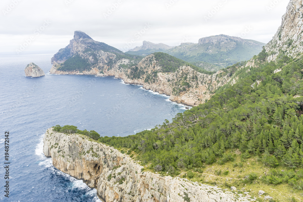 Cape formentor on the island of Majorca in Spain. Cliffs along the Mediterranean Sea
