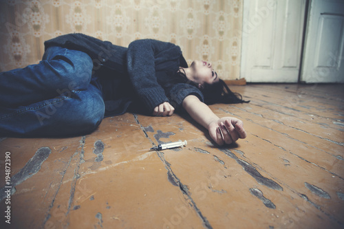 Sad Woman Lying Floor And Needle Stock Photo Adobe Stock