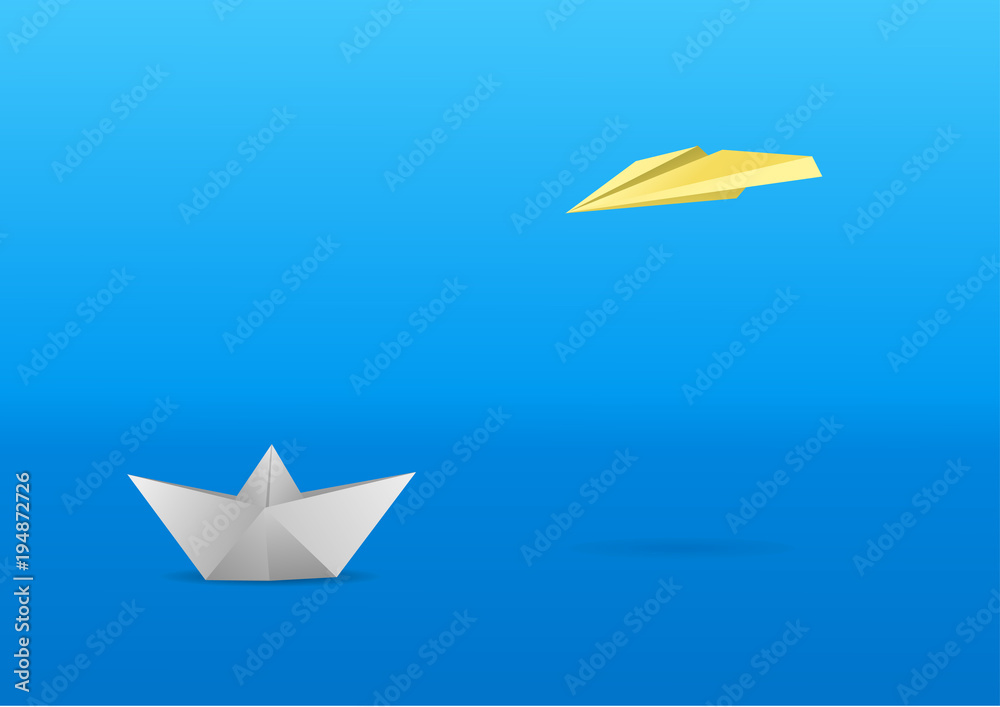 A little papr boat and a paper glider over a minimalistic background. Vector illustration A little papr boat and a paper glider over a minimalistic background. Vector illustration