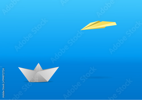 A little papr boat and a paper glider over a minimalistic background. Vector illustration