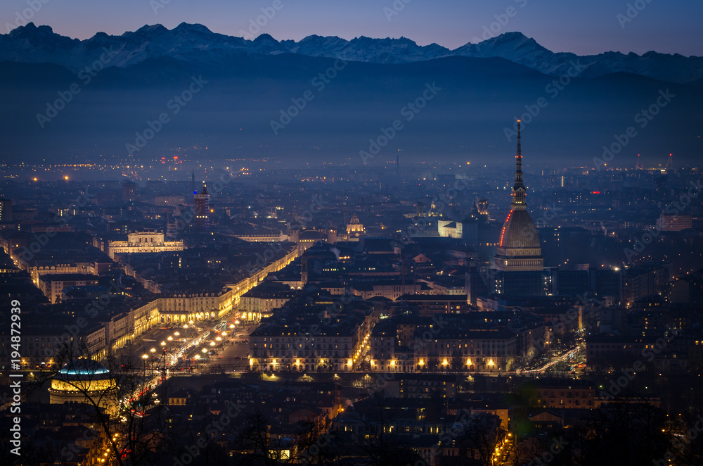 Turin panoramic view at twilight with Mole Antonelliana an Piazza Vittorio