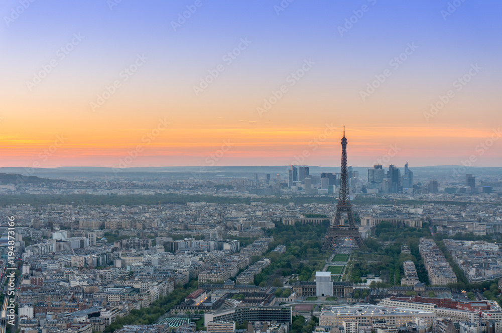 Top view of the Eiffel tower after sunset