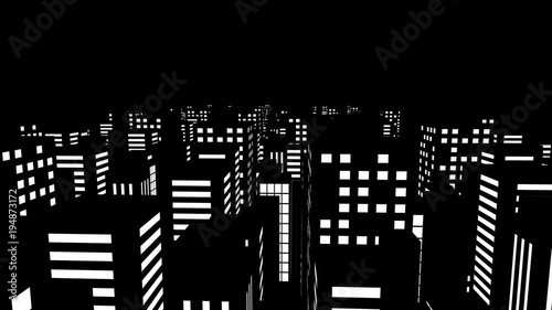 Flythrough 3d animation on the top of a city with skyscrapers in black and white comic style render