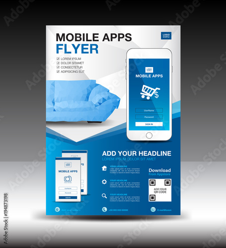 Mobile Apps Flyer template. Business brochure flyer design layout. smartphone icon mockup. application presentation. furniture magazine ads. Blue cover. poster. leaflet. advertisement. in A4