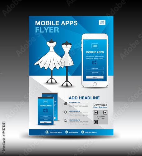 Mobile Apps Flyer template for boutique shop. Business brochure flyer design layout. smartphone icons mockup. application presentation. Magazine ads. Blue cover. poster. leaflet. advertisement. A4