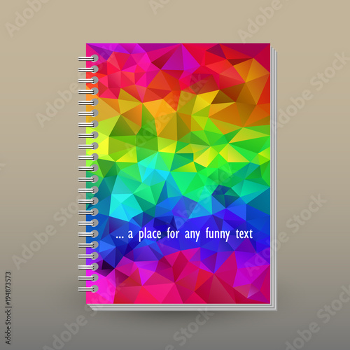 vector cover of diary or notebook with ring spiral binder - format A5 - layout brochure concept - neon rainbow full color spectrum -  polygonal triangle pattern