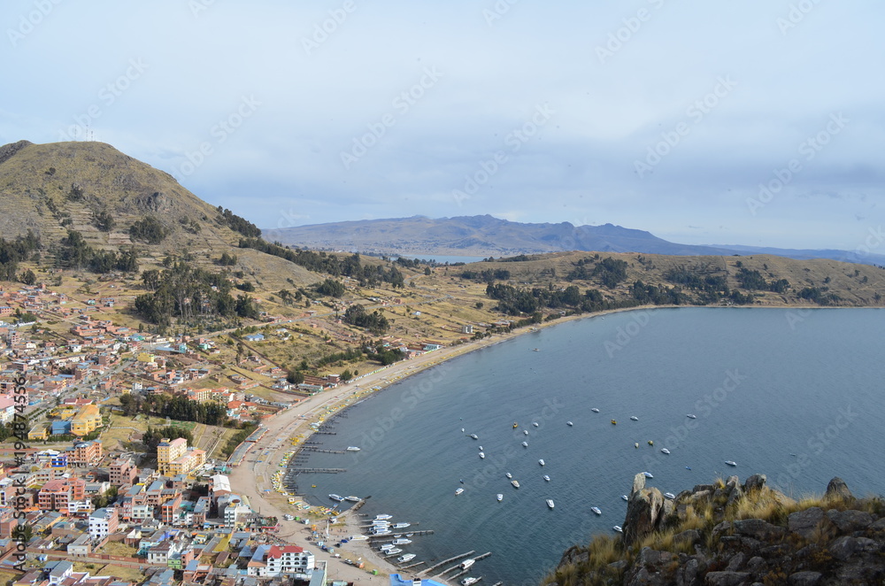 Mountain top view of Lake Titicaca, Copacabana