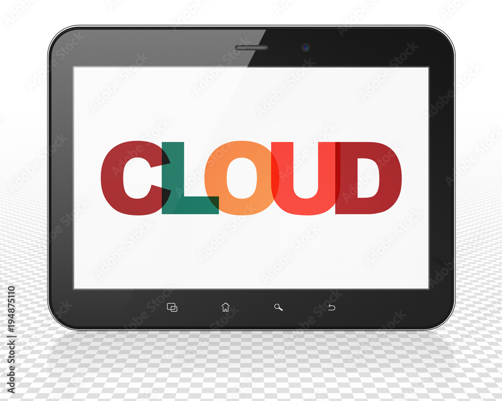 Cloud technology concept: Tablet Pc Computer with Painted multicolor text Cloud on display, 3D rendering Cloud technology concept: Tablet Pc Computer with Painted multicolor text Cloud on display, 3D rendering