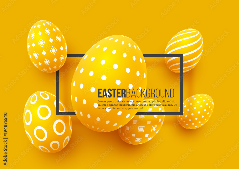 Naklejka premium Abstract Easter yellow background. Decorative 3d eggs with frame. Vector illustration.