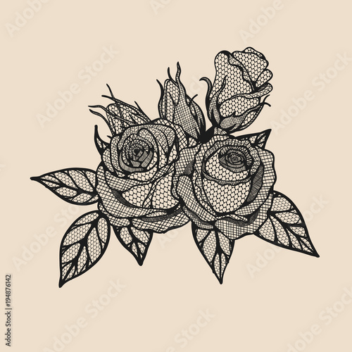 Rose vector lace by hand drawing.Beautiful flower on brown background.Rose lace art highly detailed in line art style.Flower tattoo on vintage paper.