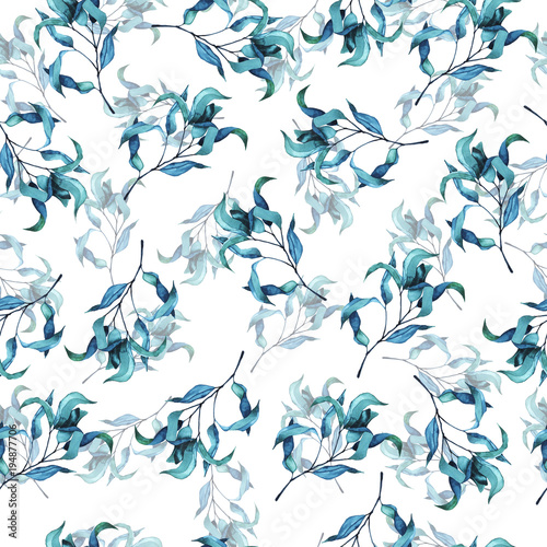 Seamless pattern with blue elegance branches on white background. Hand drawn watercolor illustration.