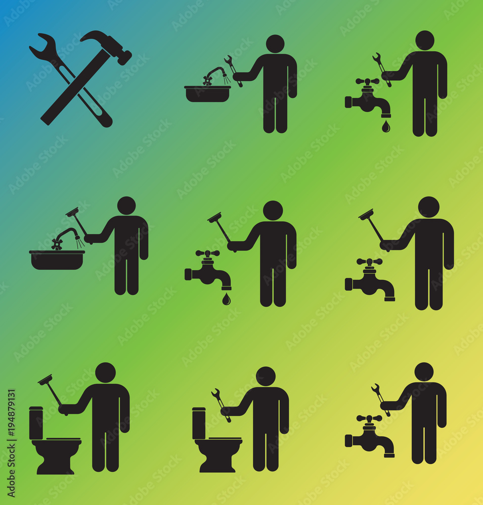 Plumbing work symbol icons set Plumbing work symbol icons set