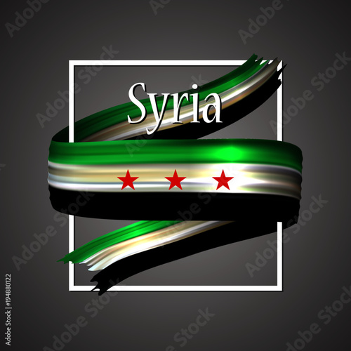 Syria flag. Official national colors. Syrian 3d realistic ribbon. Isolated waving vector glory flag stripe sign. Vector illustration background. Icon emoji design with frame.