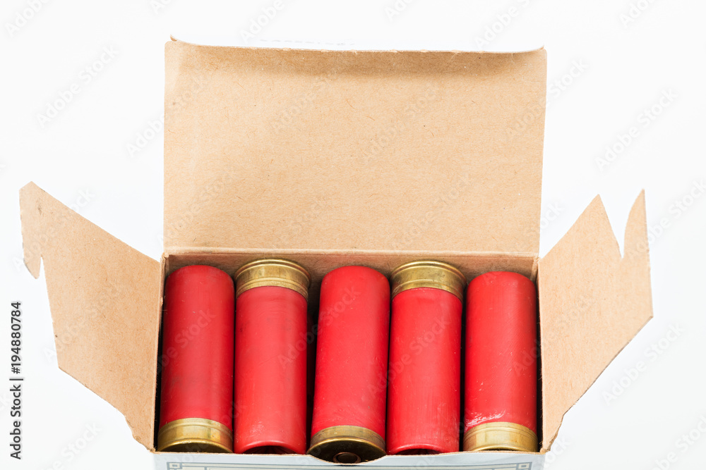 Red 12 gauge shotgun shells loaded into a cardboard box Stock Photo | Adobe  Stock