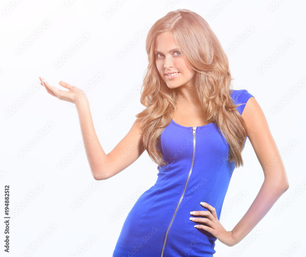 Fototapeta premium Smiling business woman presenting. Isolated over white backgroun