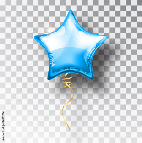 Star blue balloon on transparent background. Party helium balloons event design decoration. Balloons isolated air. Mockup for balloon print. Stocking Christmas decorations. Vector isolated object
