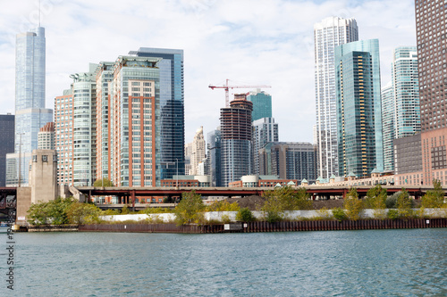 Chicago skyline from the Chicago River with a construction site in the foreground