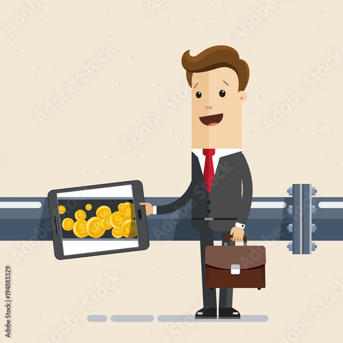 Businessman oil and gas industry oil pipe line and money. Vector illustration flat