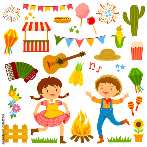 Set of cartoons for Festa Junina with dancing kids and related items.
