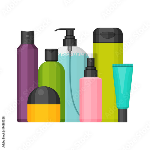 Colorful vector cosmetic bottles set for beauty and cleanser, skin and body care, toiletres. Flat design on a white background. Cream, tooth paste, shampoo, gel, spray and tube