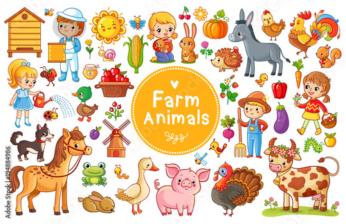 Set with farm animals. Vector collection in a cartoon children's style. © svaga