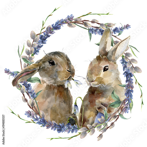 Watercolor Easter bunny with floral wreath. Hand painted rabbit with lavender, willow and tree branch isolated on white background. Holiday symbol illustration for design.