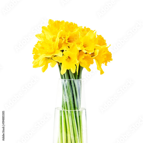 Fototapeta Naklejka Na Ścianę i Meble -  Bouquet of fresh spring narcissus in vase.Isolated over white background.