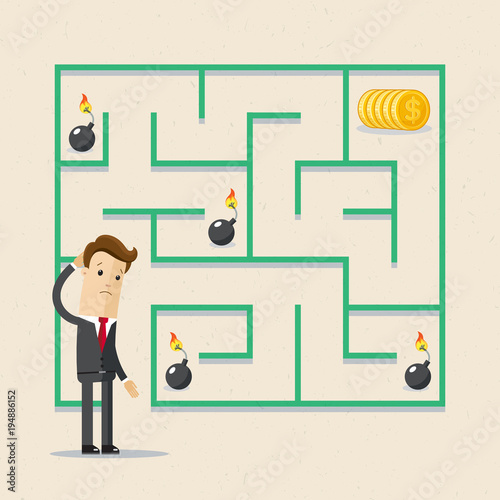 Businessman and labrinth business task. Labyrinth solution and businessman in search of profit and money.