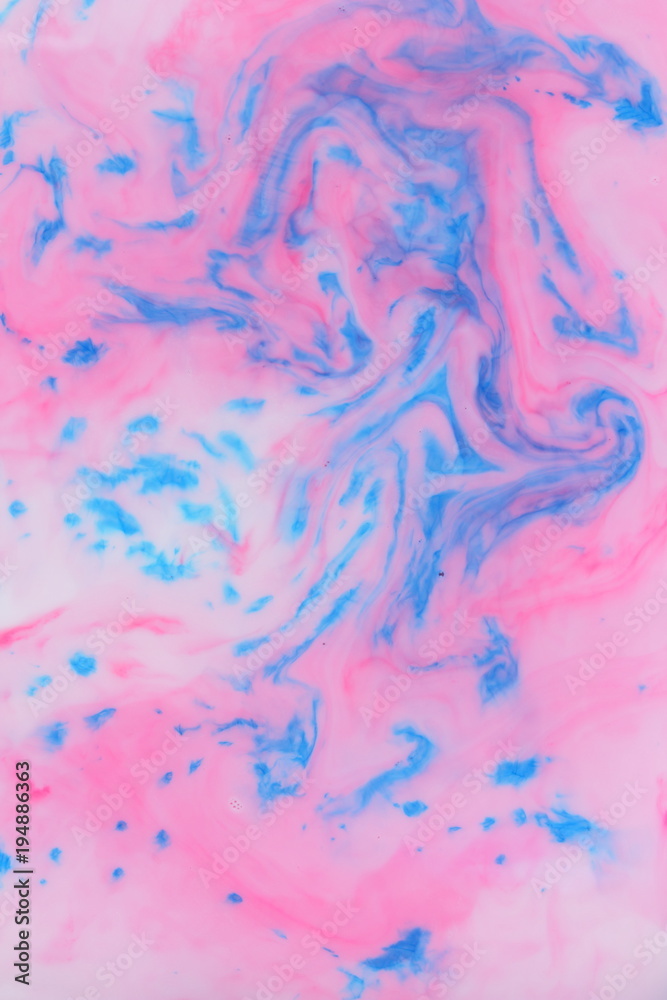 Abstract blue pink background, pink watercolor pattern, colored holographic water droplets, texture of pop art, minimalistic background for designer, holographic paint in liquid