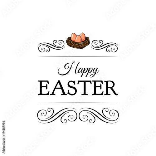 Nest with three eggs on white background. Happy Easter. Vector illustration.
