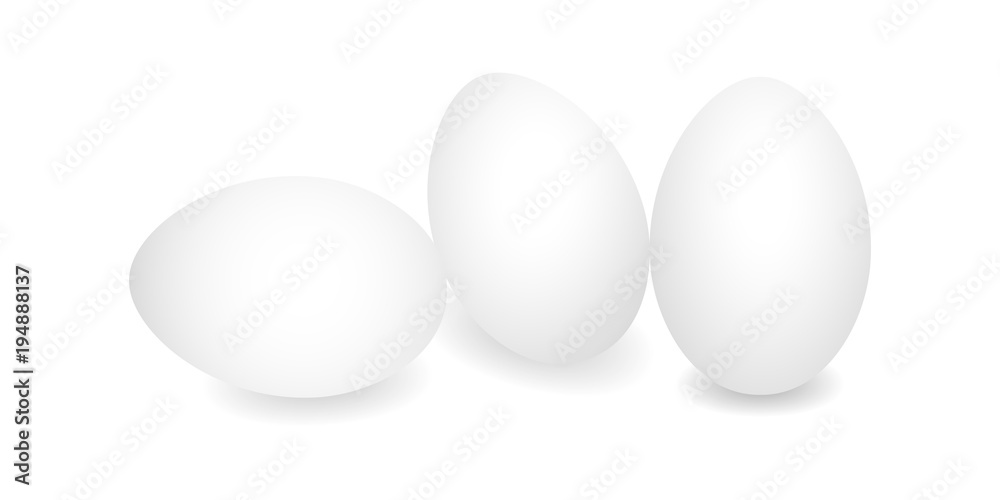 Three Realistic eggs. White chicken eggs. Vector 3D eggs with shadows on white background. Template Easter eggs, food concept. AI10 Three Realistic eggs. White chicken eggs. Vector 3D eggs with shadows on white background. Template Easter eggs, food concept. AI10