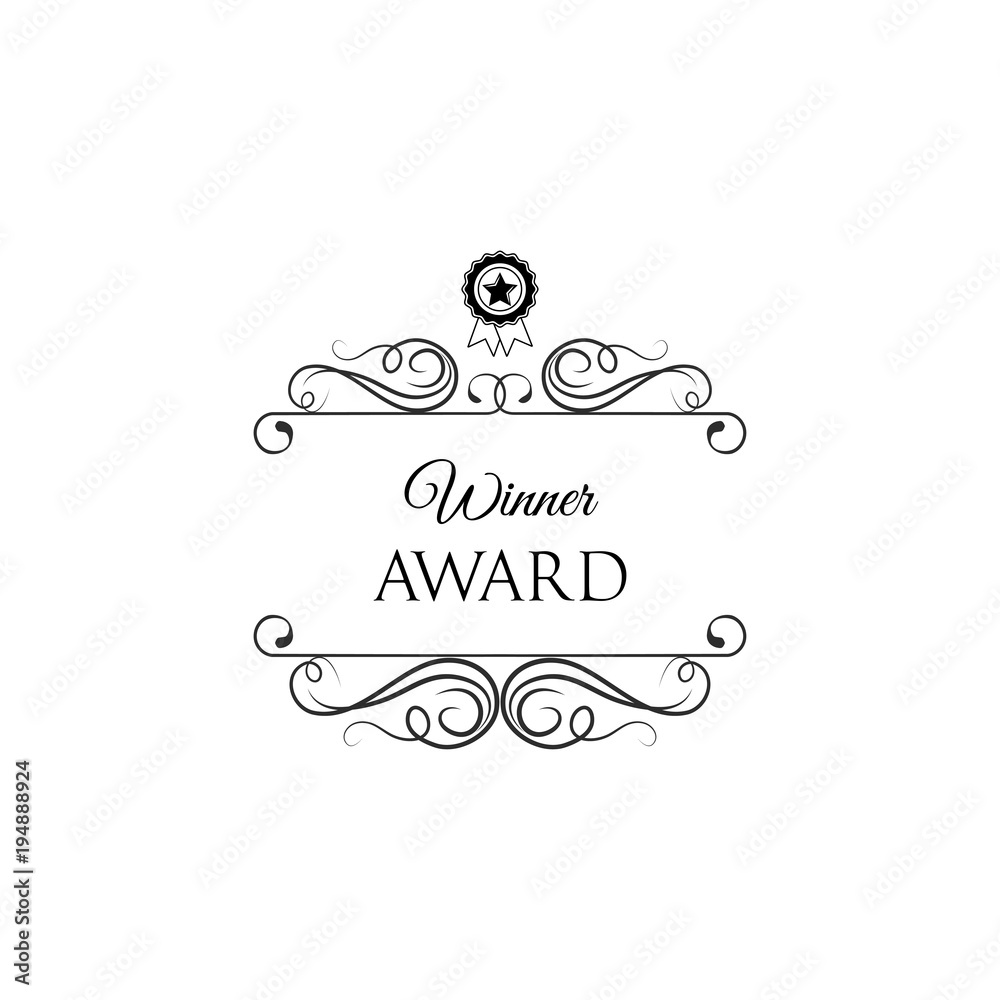 Medal with star. Winner award badge with swirls and ornate frames. Vector illustration.
