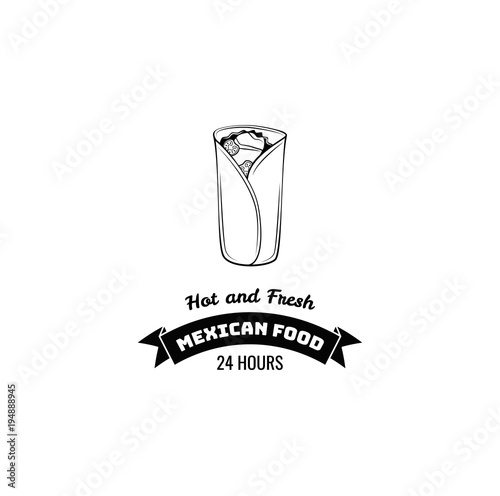 Burrito icon. Mexican traditional food. Vector vintage llustration.