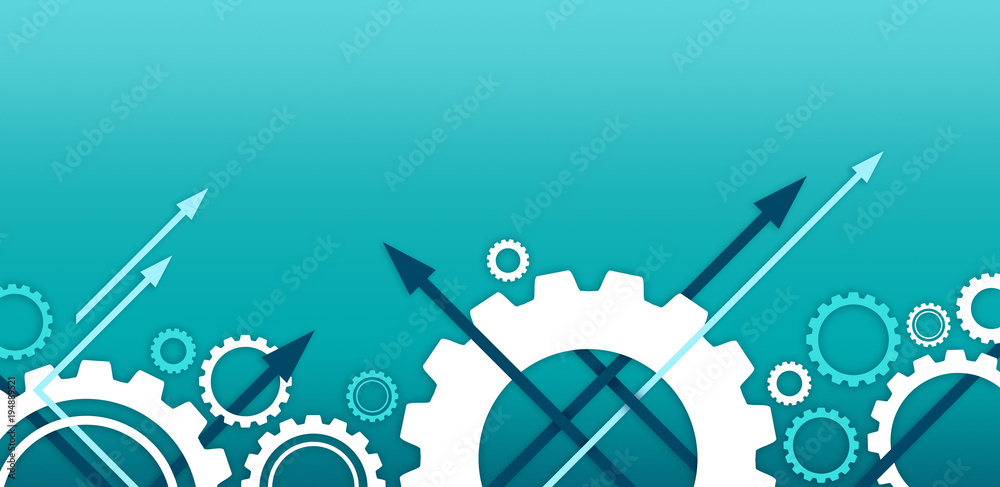 Fototapeta premium Abstract blue copy space background illustration – gears & arrows / engineering, technology, business / success & progress