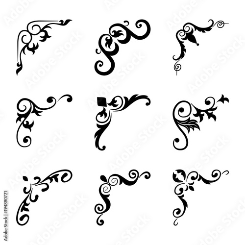Hand drawn corner set vintage style. Traced by hand from own sketch. Collection black floral decorative element