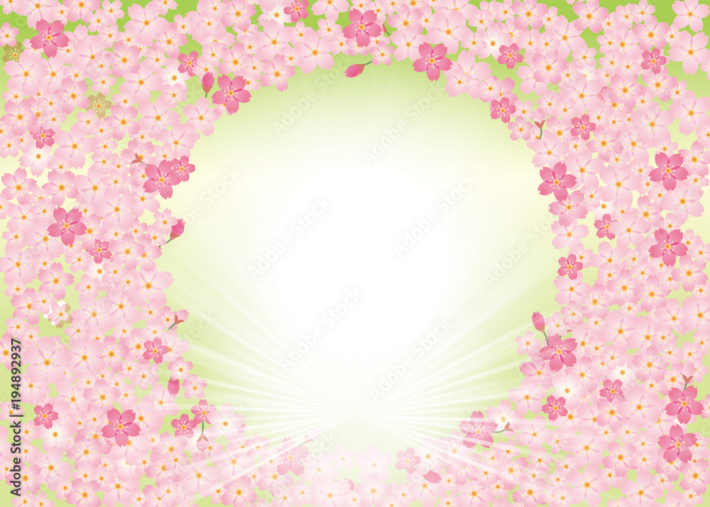 春のイメージの背景 丸窓 緑背景 桜文様 桜吹雪 ピンク 桜のイラスト 桜のリース 桜のオーナメント Stock Vector Adobe Stock